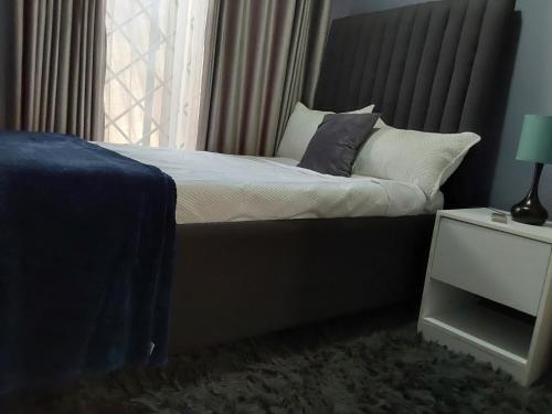 a bedroom with a bed with pillows and a window at Rena Apartment in Lilongwe