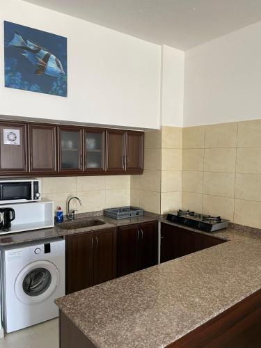 a kitchen with a washing machine and a microwave at Golden Stone Beach in Halat Byblos