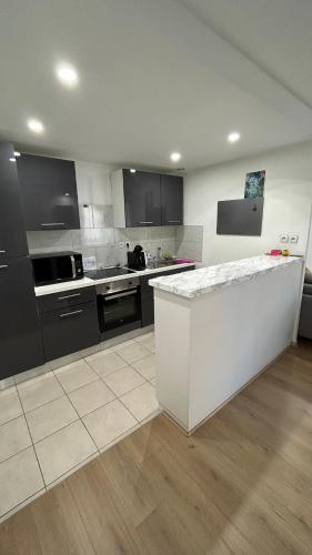 une grande cuisine avec des appareils électroménagers noirs et blancs dans l'établissement Jolie T3 avec Parking, à Toulouse