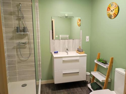 une salle de bain avec un lavabo et une douche dans l'établissement Le Logis dans la place appartement de deux chambres, à Thouarcé