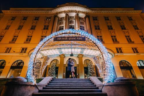an entrance to the british museum with christmas lights at Esplanade Zagreb Hotel in Zagreb
