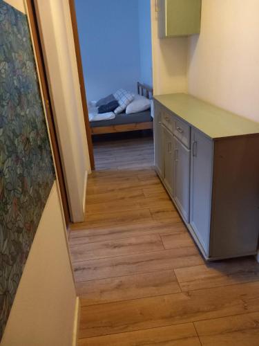 a small kitchen with a bed in a room at Warta Piastowskie Apartament in Poznań