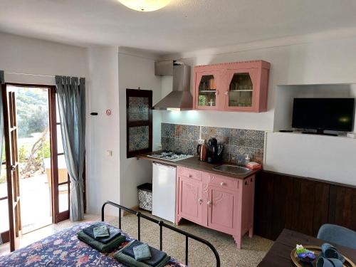 een keuken met een roze kast en een wastafel bij Hakuna matata in Benagil