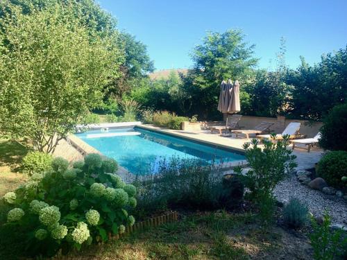 una piscina en un jardín con cactus en Sous le Tilleul de la Condomine, grand gite piscine privee, en Payrin-Augmontel