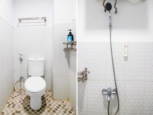 two pictures of a bathroom with a toilet and a shower at Nexdeco House Homestay Syariah Solo in Solo