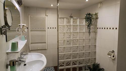 a white bathroom with a sink and a shower at Vakantiewoning Valkenburg in Valkenburg