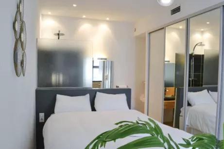 - une chambre avec deux lits et une plante en pot dans l'établissement Appartement Centre-ville spacieux, élégant / Climatisation, à Montpellier