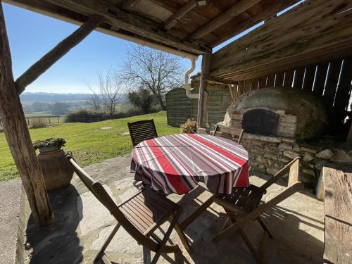 - une table et des chaises sur une terrasse avec un four en pierre dans l'établissement Moura, à Labastide-Villefranche