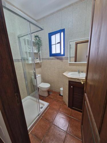 a bathroom with a shower and a toilet and a sink at Casa Calandrilla in Caleta de Caballo
