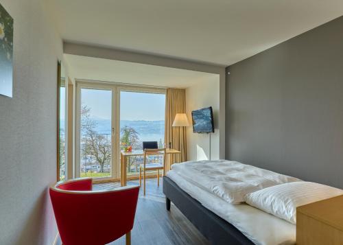 Männedorfにあるホテル ボールダンのベッド、デスク、窓が備わるホテルルームです。