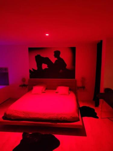 a red bedroom with a bed with a red light at Le plaisir des sens in Saint-Antonin-Noble-Val