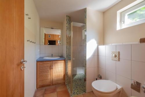 a bathroom with a shower and a toilet and a sink at Ferienhaus an der alten Gärtnerei - Rosmarin in Heiligendamm
