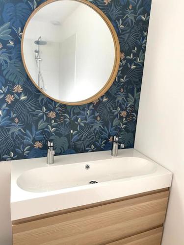 une salle de bain avec un lavabo et un miroir dans l'établissement La Bessinoise, 4chambres, Fibre optique et canoe NIORT & BESSINES, à Bessines