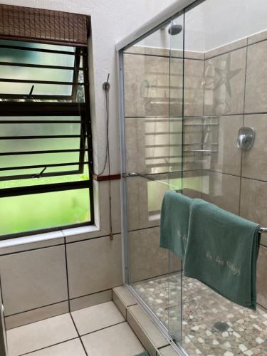 a shower with a glass door and a towel at The Sea Cottage in Marina Beach