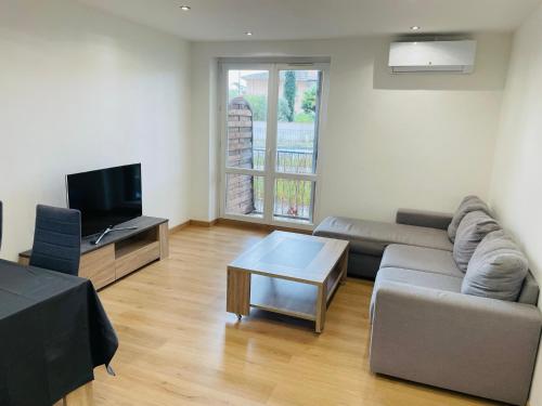 a living room with a couch and a tv at Jolie T3 à Colomiers in Colomiers