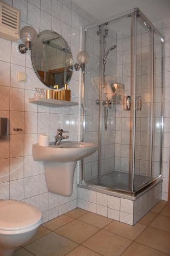 a bathroom with a shower and a sink and a toilet at Hotel La-Pergola in Kolkwitz