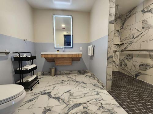 La salle de bains est pourvue de toilettes, d'un lavabo et d'un miroir. dans l'établissement Eva Hotel Buffalo Airport, BW Signature Collection, à Buffalo