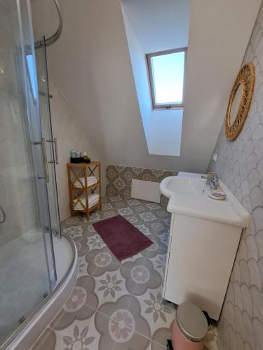 een badkamer met een wastafel en een douche bij Iluska Vendégház in Mátraszentimre