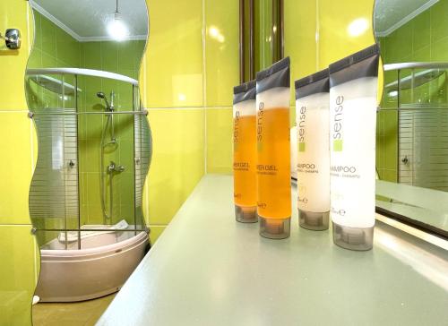 a bathroom with a row of shampoo bottles on a counter at Mountain Escape Loft in Buşteni