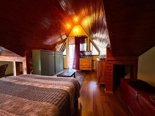 a bedroom with a bed and a fireplace in a room at Lucas Duplex in Azuga