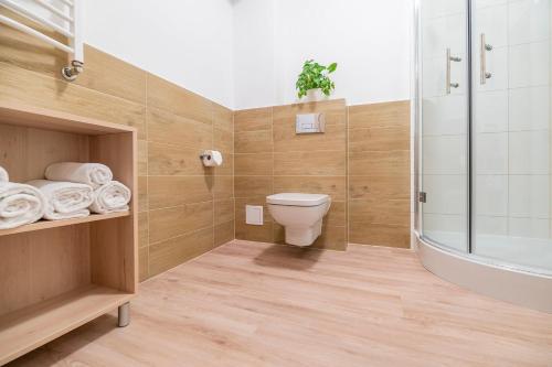 a bathroom with a toilet and a shower at Blue Marine Mielno in Mielno