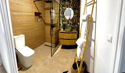 a bathroom with a toilet and a mirror at APARTAMENTO RURAL MIRADOR DE SIERRA BERMEJA in Mirandilla