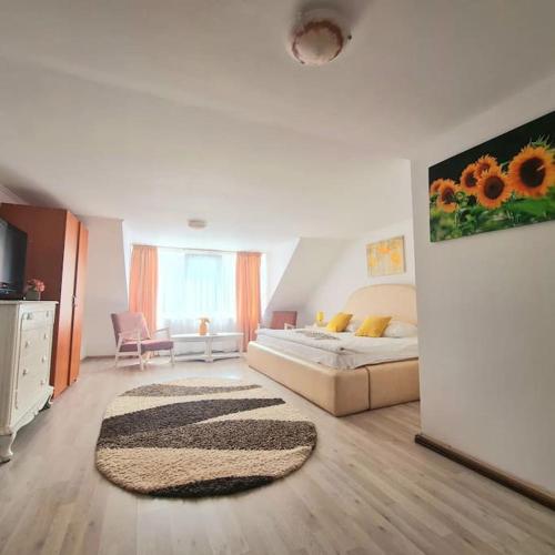a bedroom with a bed and a rug on the floor at Casa Golful Mraconiei Eselnita in Eşelniţa