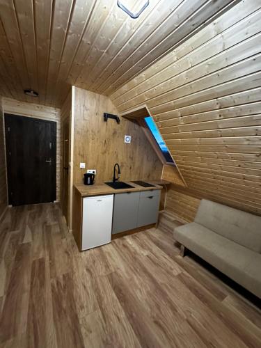 a kitchen and a living room with a couch and a sink at Apartamenty pod Witoszą in Staniszów