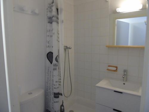 une salle de bain avec une douche, des toilettes et un lavabo dans l'établissement Appartement Valfréjus 8 pers, cuisine équipée, 2 sdb, animaux admis - FR-1-561-27, à Valfréjus