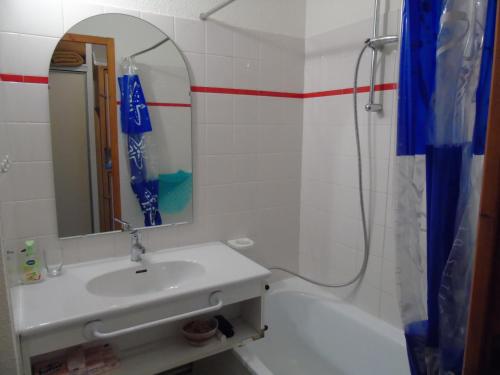 une salle de bain avec un lavabo, un miroir et une douche dans l'établissement Studio à Valfréjus près des pistes, balcon ouest, 3 pers - FR-1-561-39, à Valfréjus