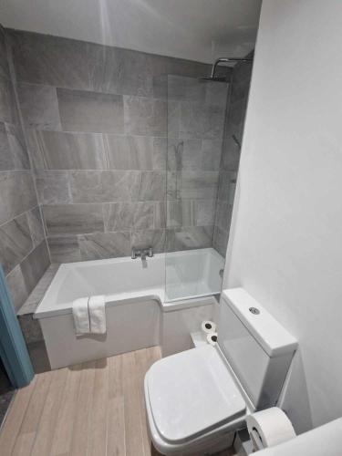 a bathroom with a toilet and a tub and a sink at The Coastal Hideaway in Bridlington