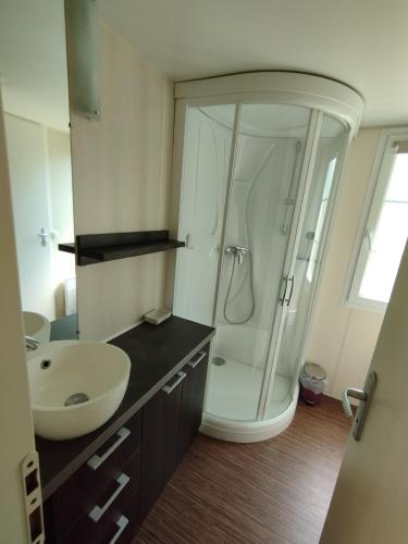 une salle de bain avec un lavabo blanc et une douche dans l'établissement Camping de Bourg Charente, à Bourg-Charente