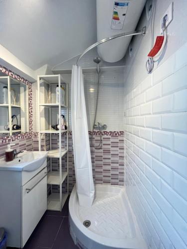 a white bathroom with a shower and a sink at Acogedor Mesón Centro in Madrid