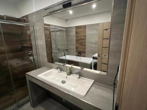 a bathroom with a sink and a large mirror at Krásný pokoj s vlastním vstupem in Frýdek-Místek