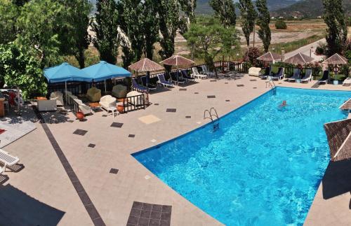 an overhead view of a swimming pool with chairs and umbrellas at AEGEON in Kalloni