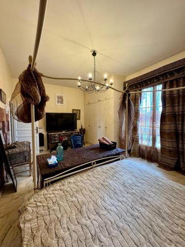 un salon avec un grand miroir au mur dans l'établissement La demeure d'Iris, à Bougival