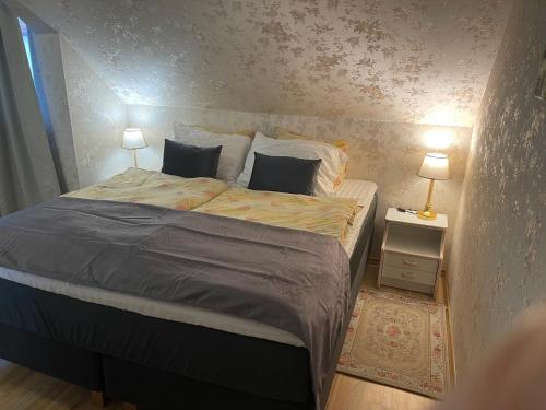 a bedroom with a large bed with two lamps at Lana House in Pärnu