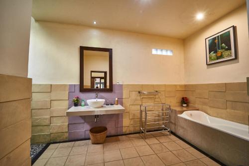 a bathroom with a sink and a tub and a mirror at Pondok Buda Merta in Ubud