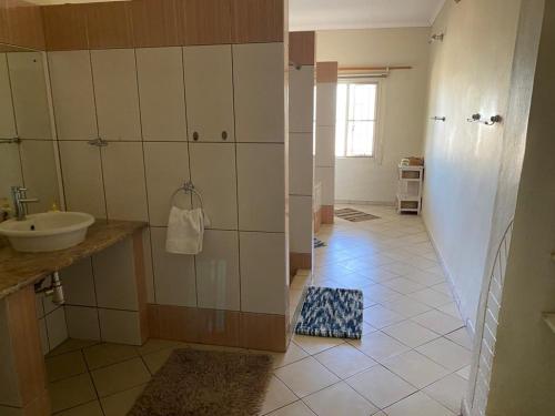 ein Badezimmer mit einem Waschbecken, einem Spiegel und einer Theke in der Unterkunft Kappsfarm Guesthouse in Voigtland