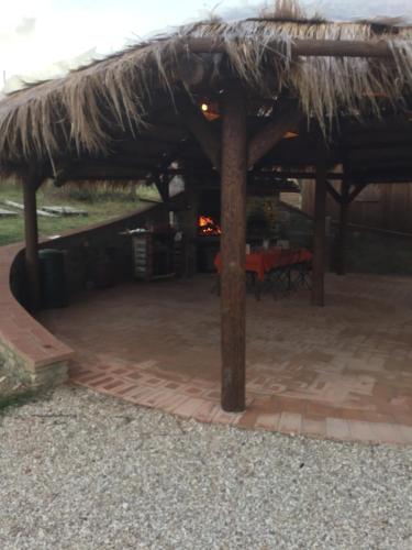 a patio with a straw umbrella and a table at Azienda Agrituristica I Tre Casali in Magione