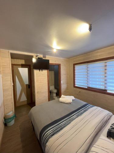a bedroom with a bed and a toilet in it at QUELEN AUSTRAL in Hornopiren