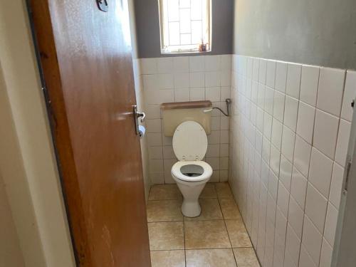 a bathroom with a toilet and a window at Kappsfarm Guesthouse in Voigtland