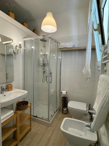 La salle de bains est pourvue d'une douche, de toilettes et d'un lavabo. dans l'établissement La casa di Sarah aspetta voi, à Naples