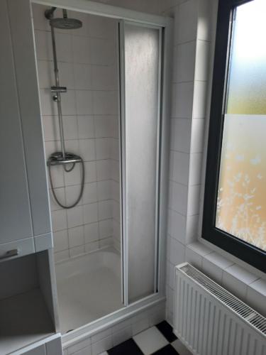 een douche met een glazen deur in de badkamer bij 't Wad in Tzummarum