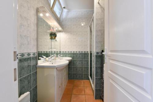 uma casa de banho com um lavatório e um chuveiro em Le mouly/grand gite em Miossens-Lanusse