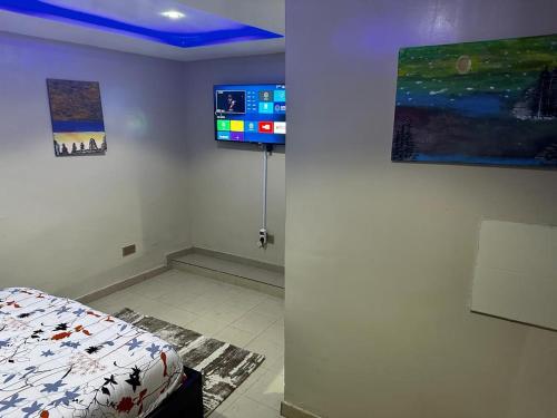 Cette chambre comprend un lit et une télévision murale. dans l'établissement Osmosis Ikoyi, à Lagos