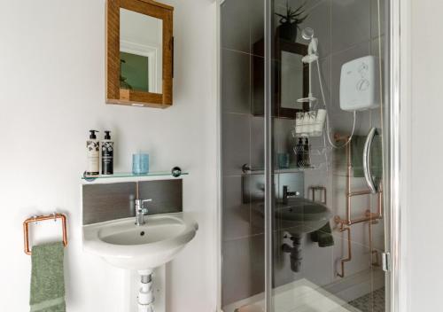 uma casa de banho com um lavatório e uma cabina de duche em vidro. em Blossom Cottage em Lakenheath