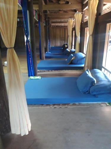 - une rangée de lits bleus dans une chambre dans l'établissement Ban Lien Pine Homestay, à Ly Tzeu Ping