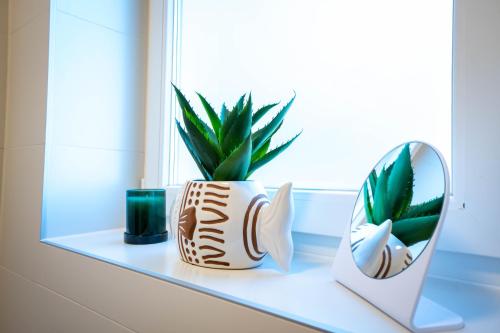 a window sill with a potted plant and a mirror at Happy Island Luxury Apartman Sárvár in Sárvár