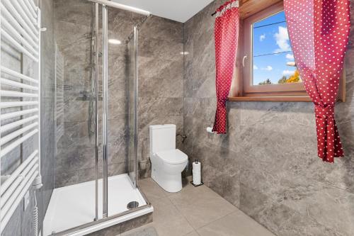 a bathroom with a shower and a toilet and a window at Chaty Kukana a Kuku in Vysoké Tatry